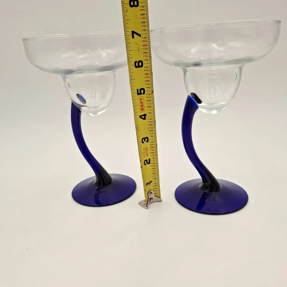 Libby Bravura Margarita Glasses Cobalt Blue Curved Stem 7.25